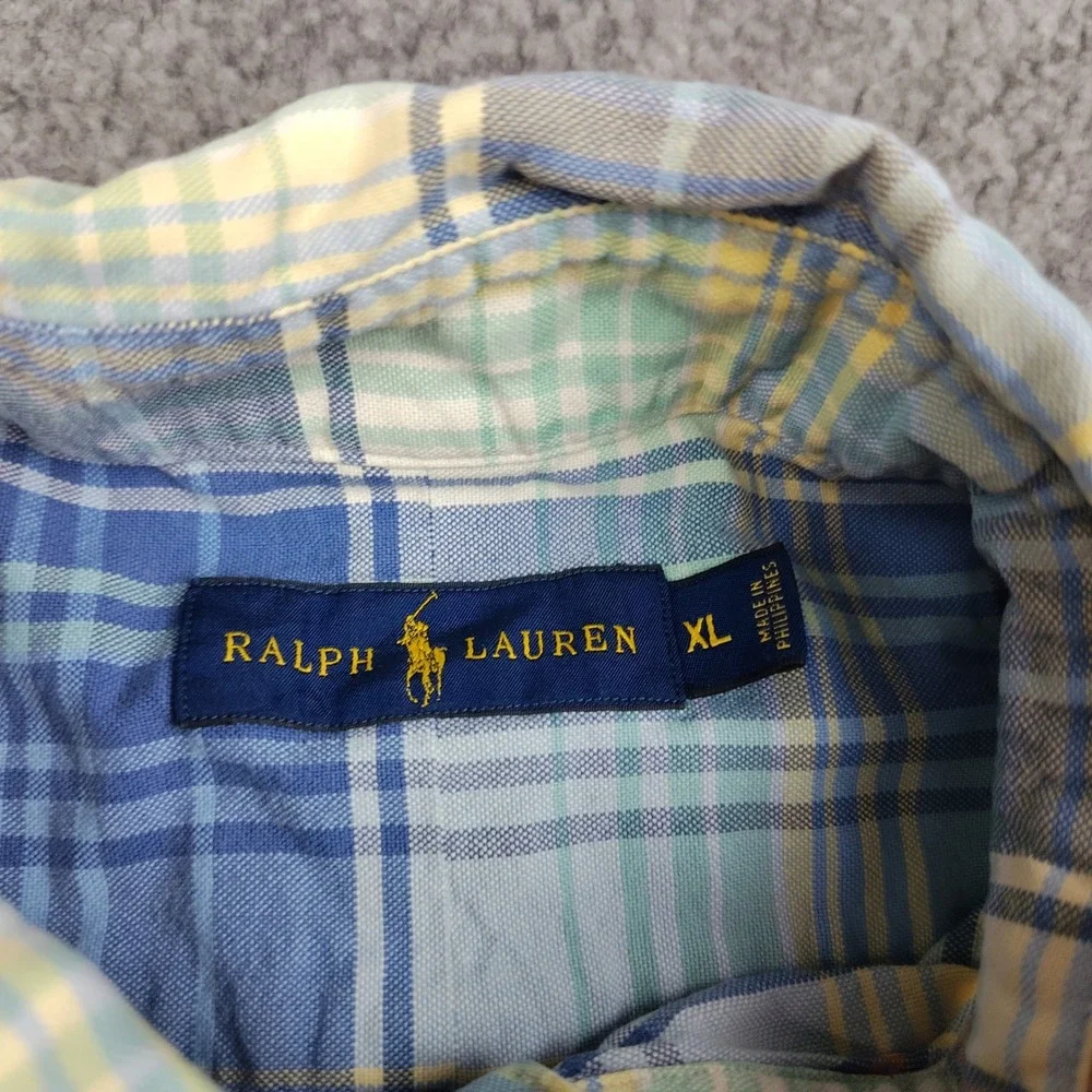 Ralph Lauren Plaid Button Down Shirt XL Blue Green Yellow Long Sleeve Flesh Pony